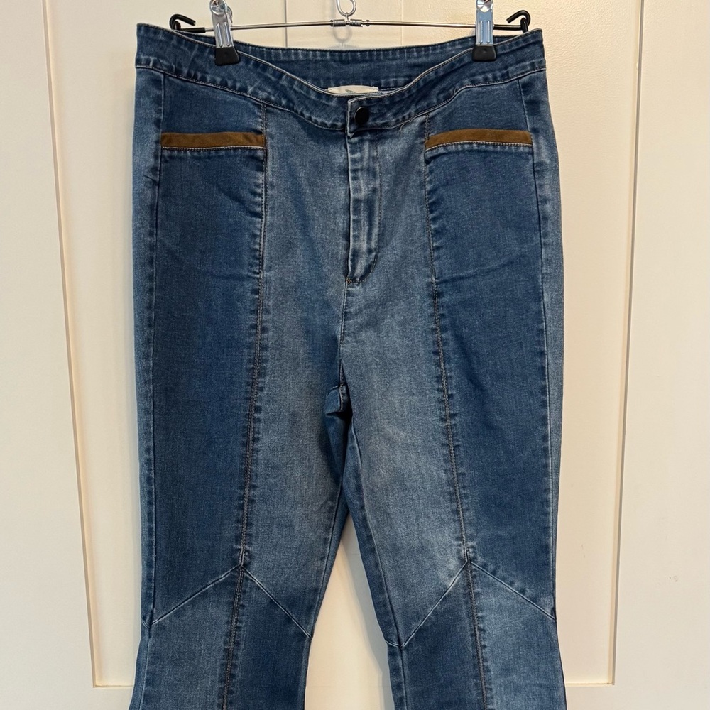 Blue Denim suede trim boot/flare/fringe bottoms